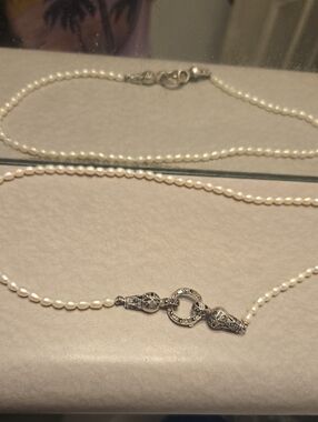 Vintage Real Marcasite and Genuine Pearl 925 Sterling Silver Toggle Pendant Neck